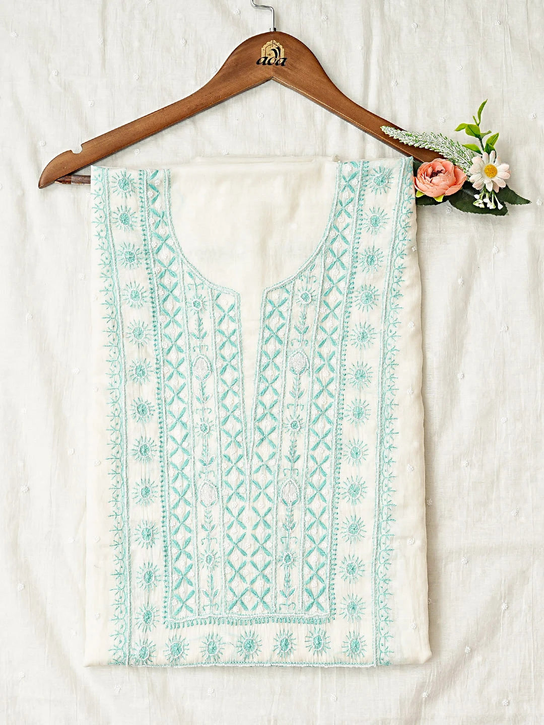 Ada Hand Embroidered White Chanderi Lucknowi Chikankari Unstitched Kurta Dupatta Set 01A911050