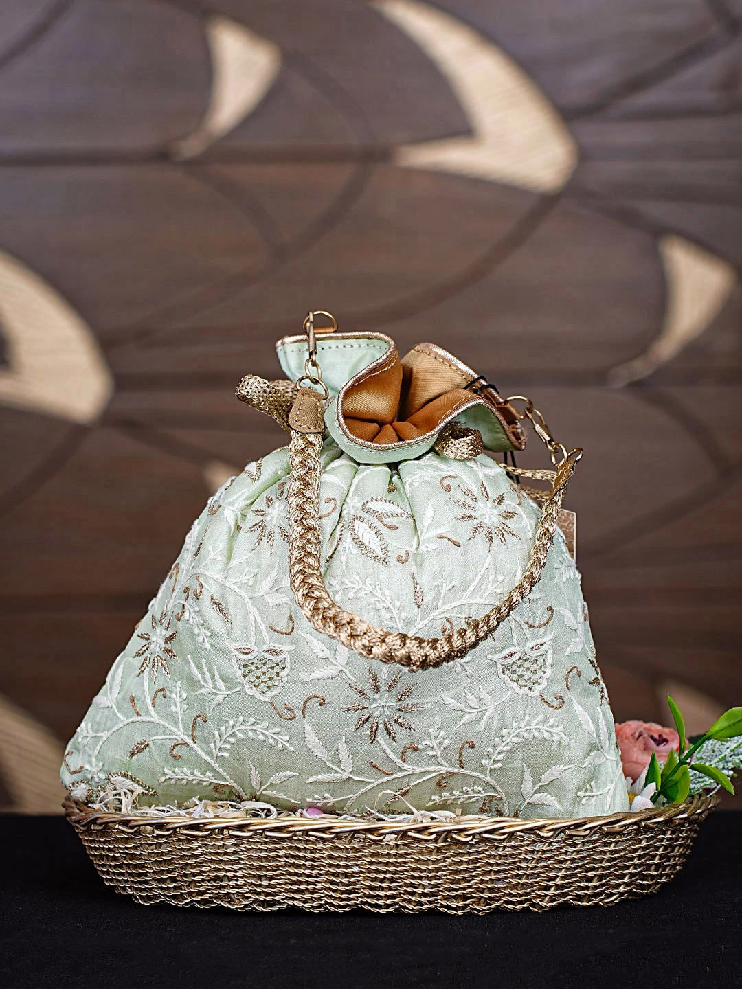 Ada Hand Embroidered Tea Green Silk Lucknowi Chikankari Potli Bag With Zari Work 01A908973