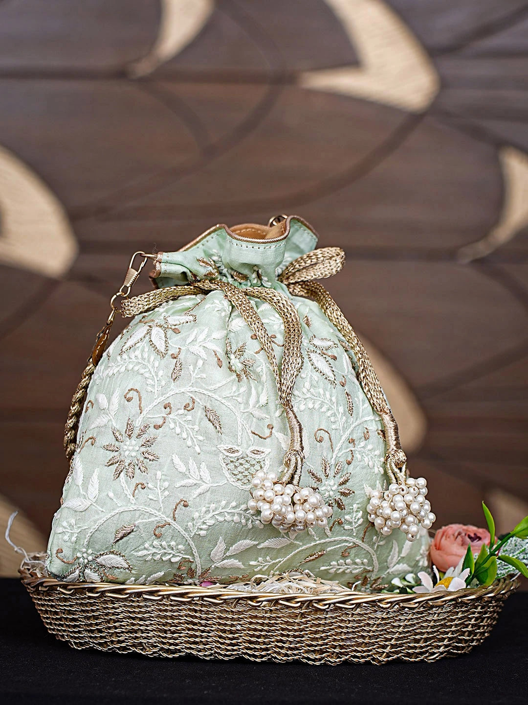 Ada Hand Embroidered Tea Green Silk Lucknowi Chikankari Potli Bag With Zari Work 01A908973