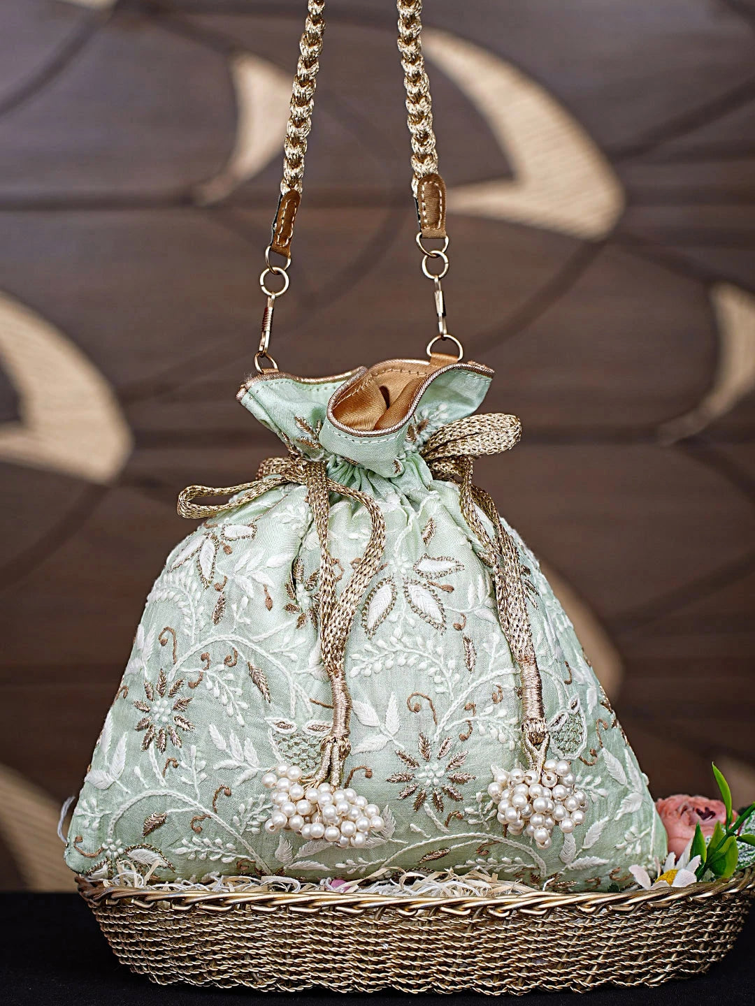 Ada Hand Embroidered Tea Green Silk Lucknowi Chikankari Potli Bag With Zari Work 01A908973