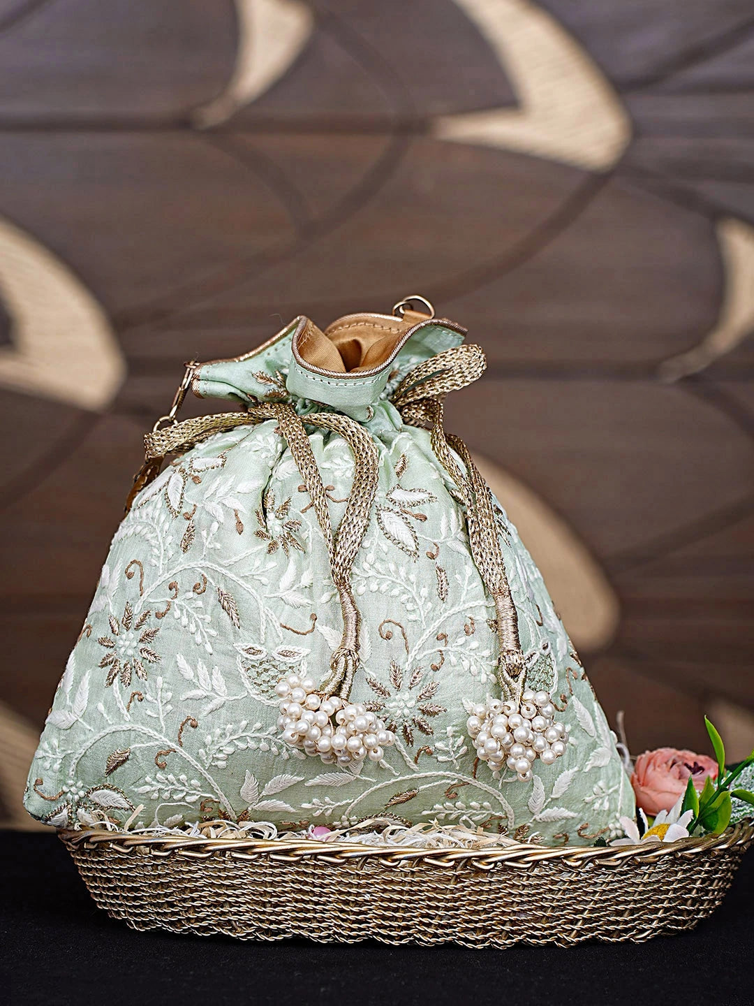 Ada Hand Embroidered Tea Green Silk Lucknowi Chikankari Potli Bag With Zari Work 01A908973