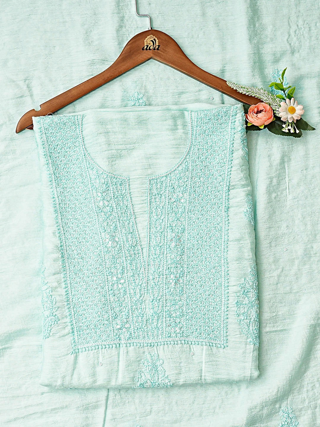 Ada Hand Embroidered Sea Green Chanderi Lucknowi Chikankari Unstitched Kurta Dupatta Set 01A890235