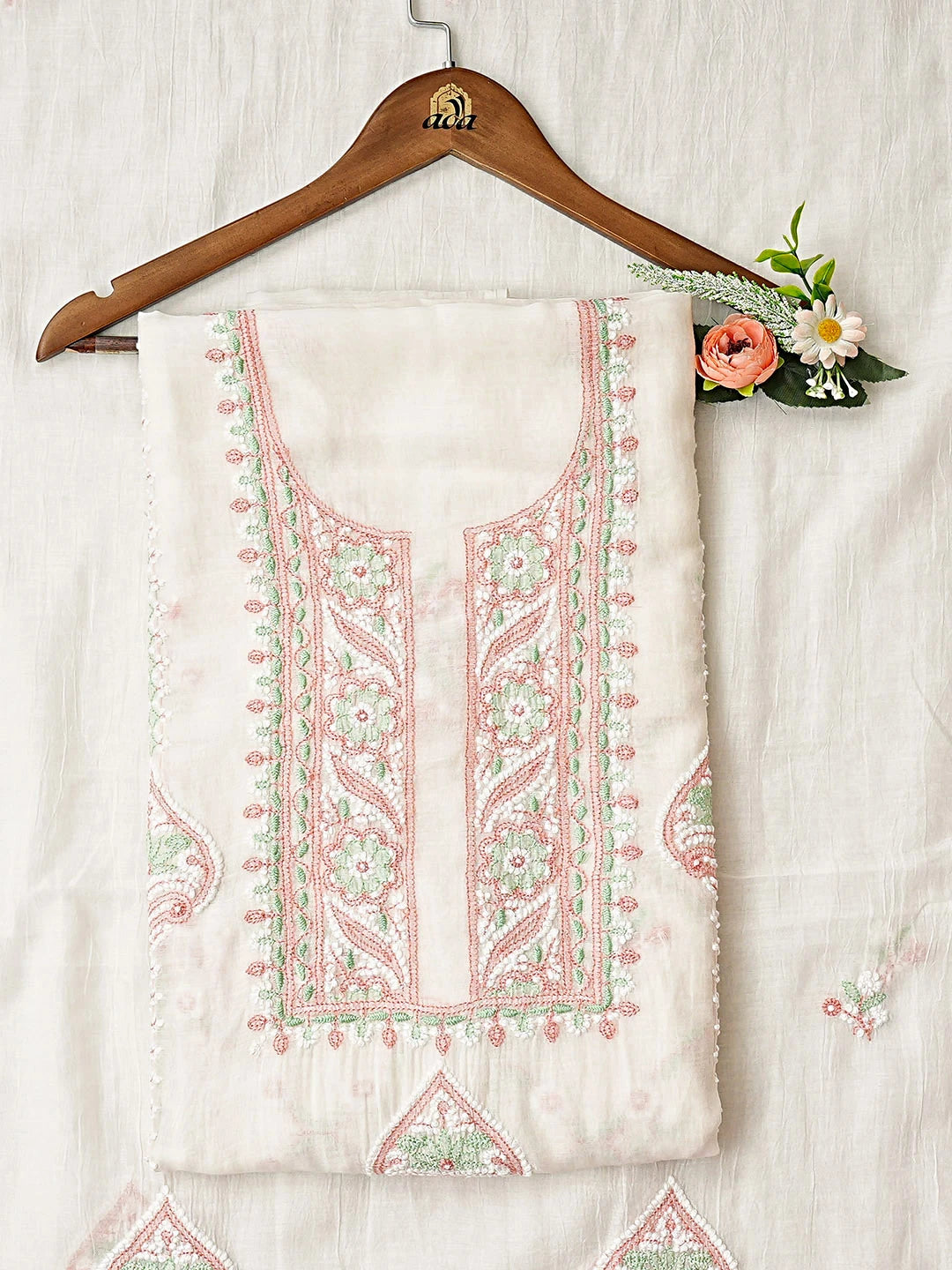 Ada Hand Embroidered White Chanderi Lucknowi Chikankari Unstitched Kurta Dupatta Set 01A903888