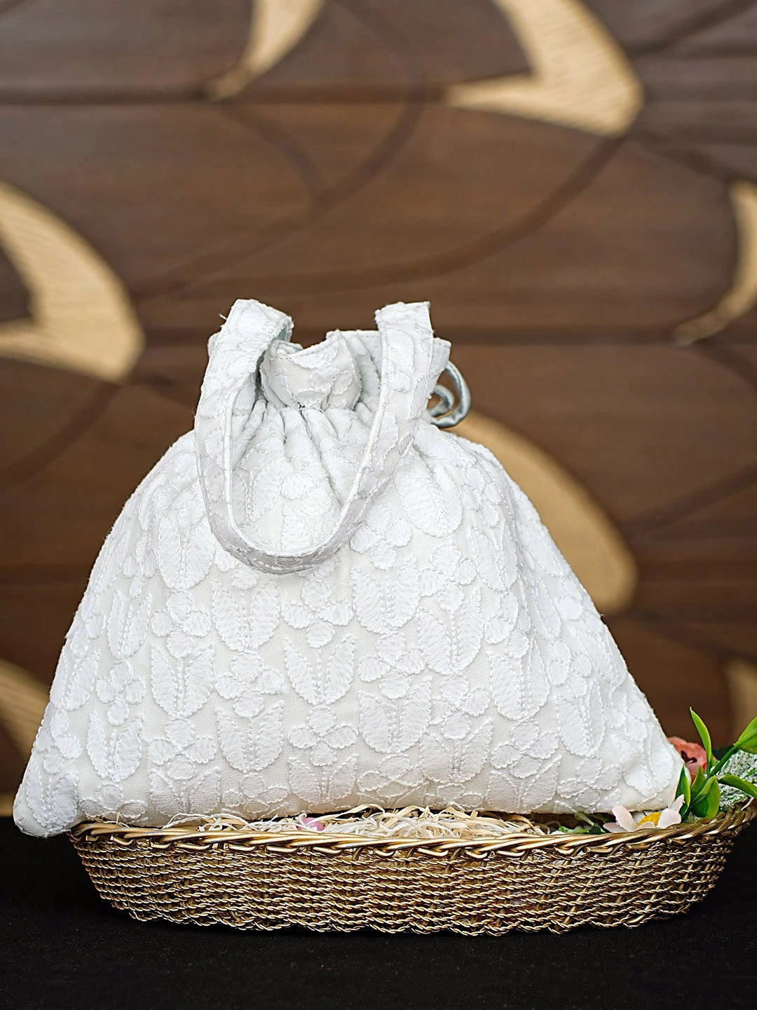 Ada Hand Embroidered Ghost White Pure Georgette Lucknowi Chikankari Potli Bag 01A886519