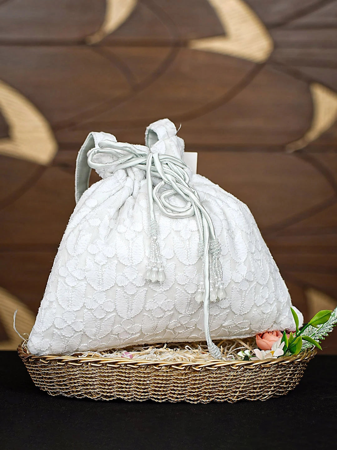 Ada Hand Embroidered Ghost White Pure Georgette Lucknowi Chikankari Potli Bag 01A886519