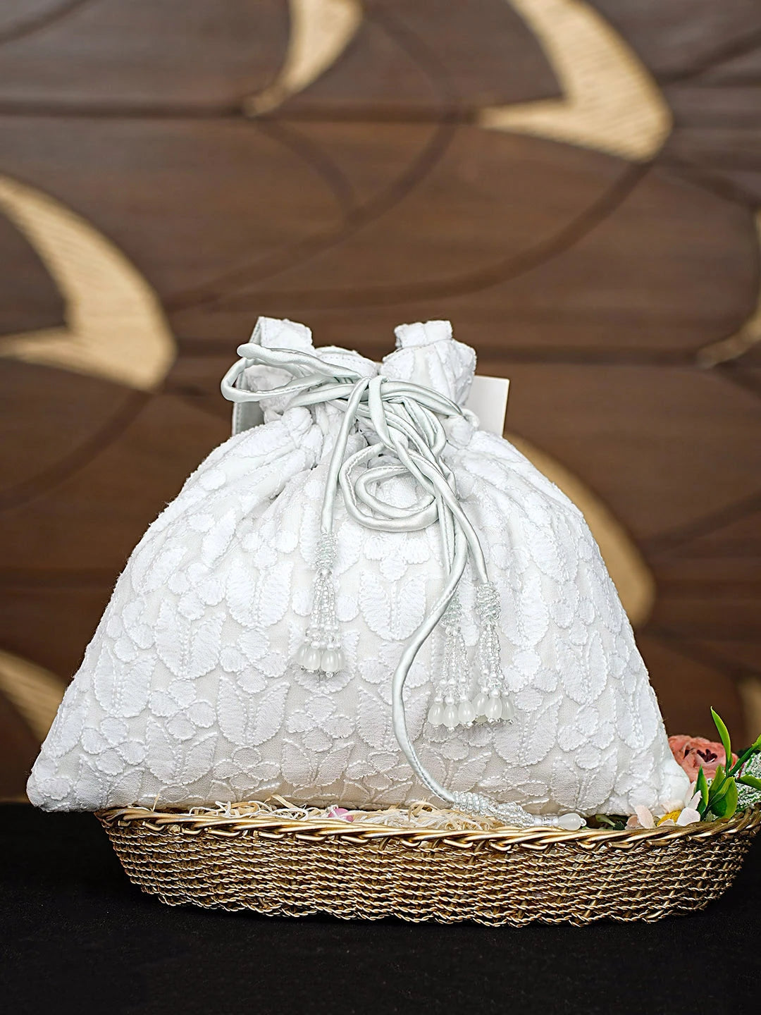 Ada Hand Embroidered Ghost White Pure Georgette Lucknowi Chikankari Potli Bag 01A886519