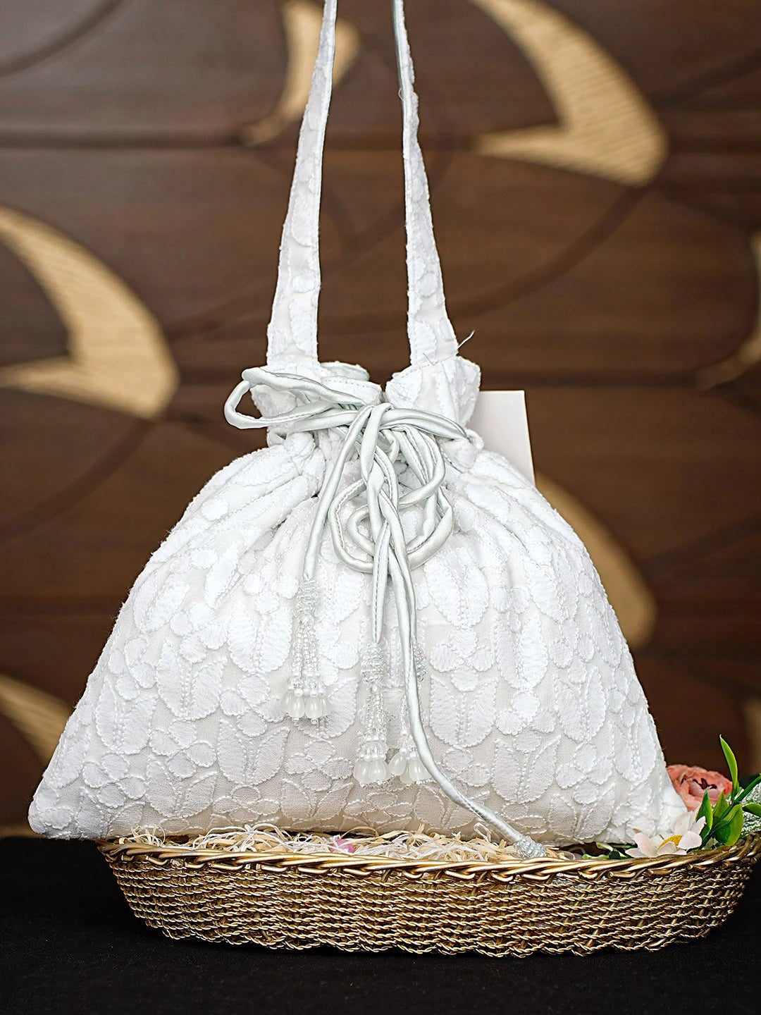 Ada Hand Embroidered Ghost White Pure Georgette Lucknowi Chikankari Potli Bag 01A886519