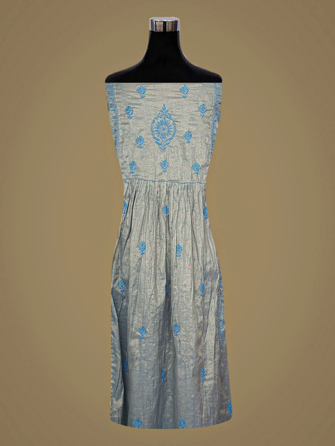 Ada Hand Embroidered Grey Tissue Lucknowi Chikankari Semi-Stitched Kurta Dupatta Set 01A901705