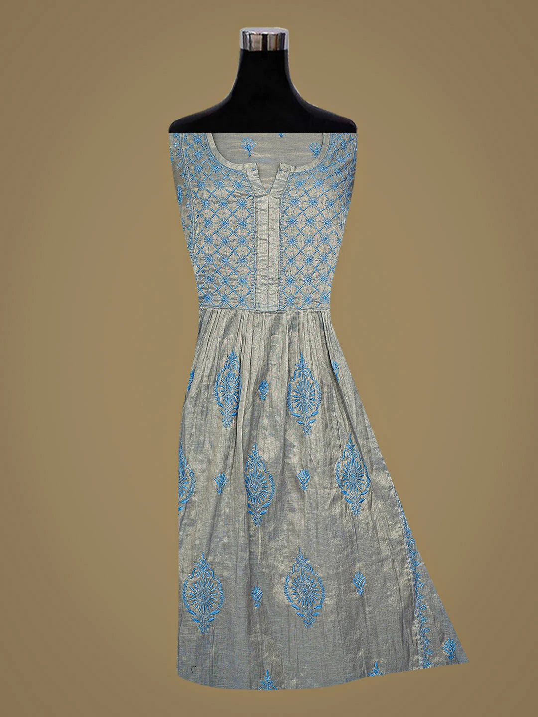 Ada Hand Embroidered Grey Tissue Lucknowi Chikankari Semi-Stitched Kurta Dupatta Set 01A901705