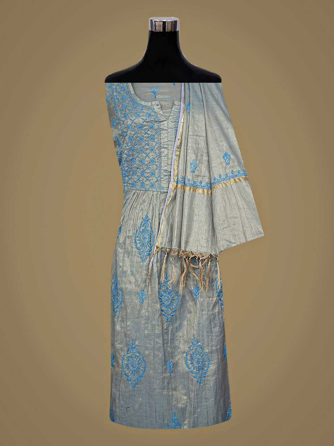 Ada Hand Embroidered Grey Tissue Lucknowi Chikankari Semi-Stitched Kurta Dupatta Set 01A901705