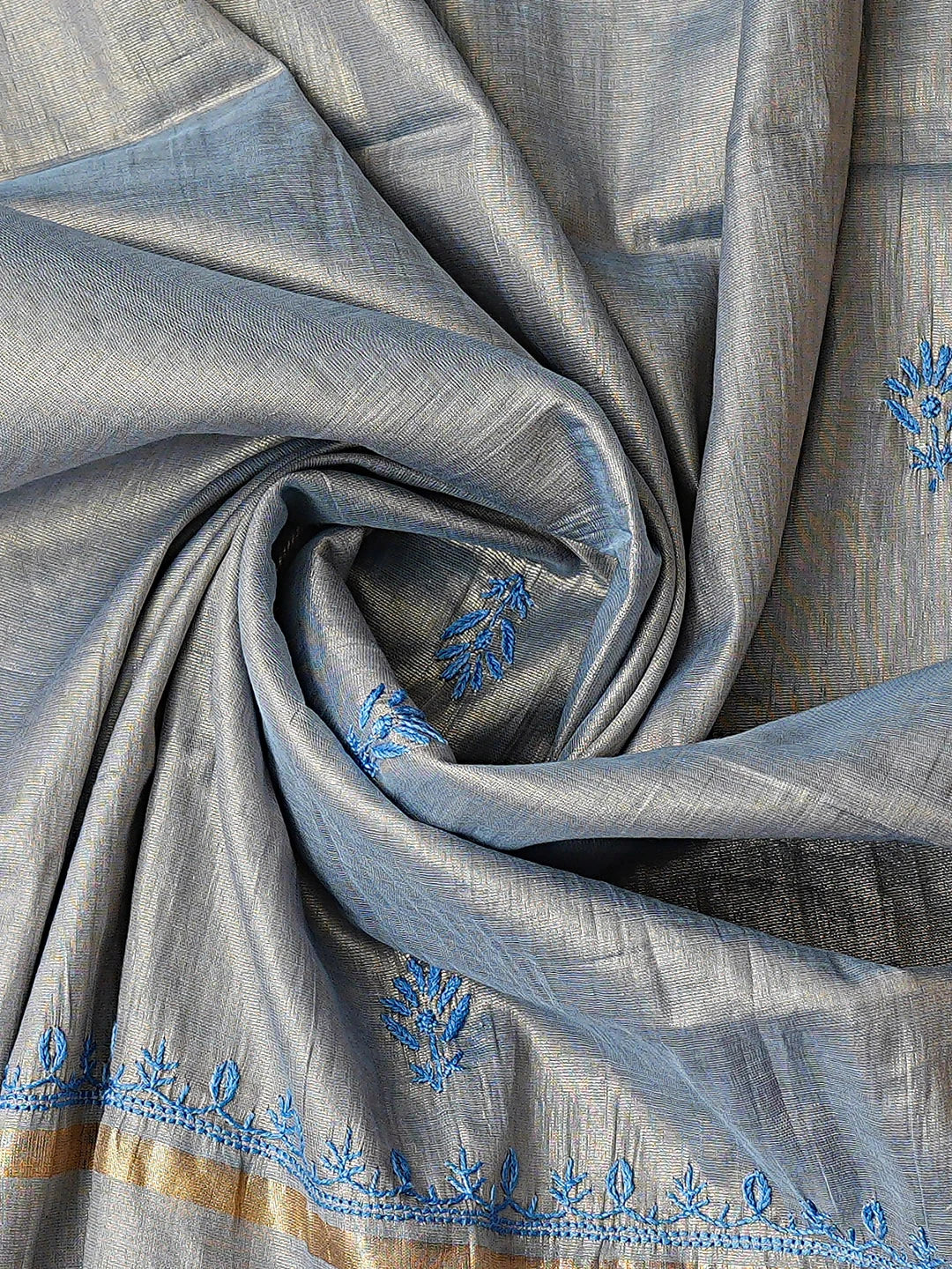 Ada Hand Embroidered Grey Tissue Lucknowi Chikankari Semi-Stitched Kurta Dupatta Set 01A901705
