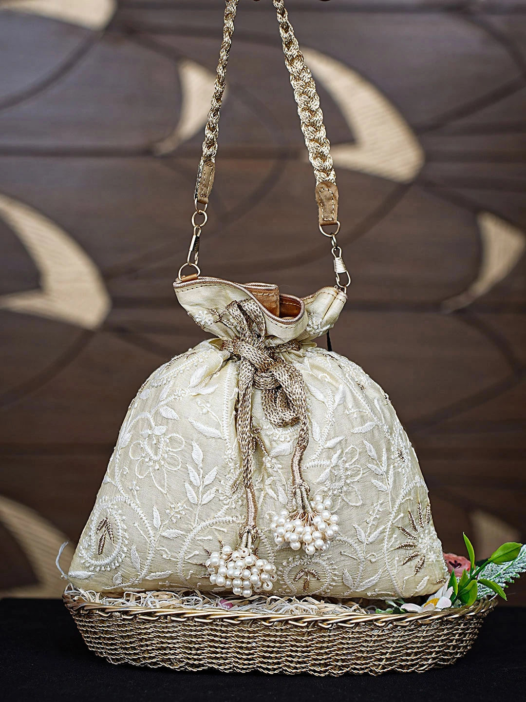 Ada Hand Embroidered Beige Silk Lucknowi Chikankari Potli Bag With Zari Work 01A908965