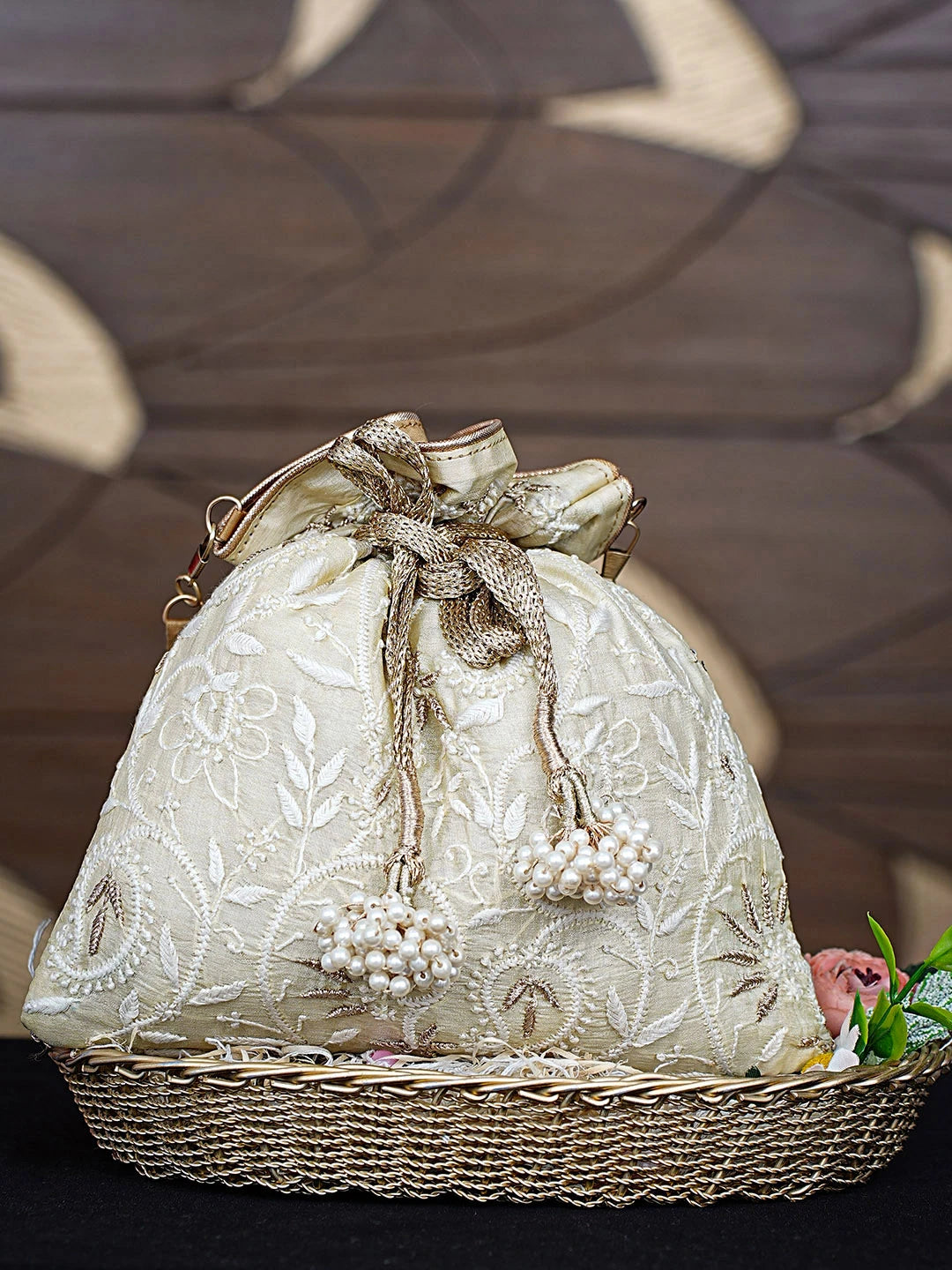 Ada Hand Embroidered Beige Silk Lucknowi Chikankari Potli Bag With Zari Work 01A908965