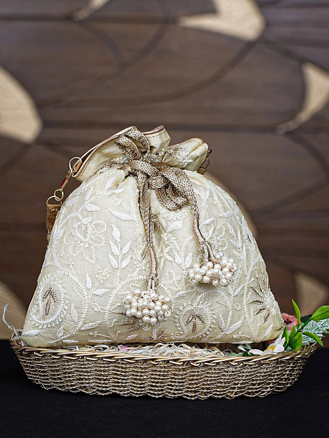 Ada Hand Embroidered Beige Silk Lucknowi Chikankari Potli Bag With Zari Work 01A908965