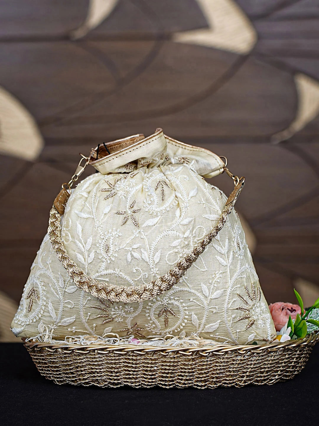 Ada Hand Embroidered Beige Silk Lucknowi Chikankari Potli Bag With Zari Work 01A908965