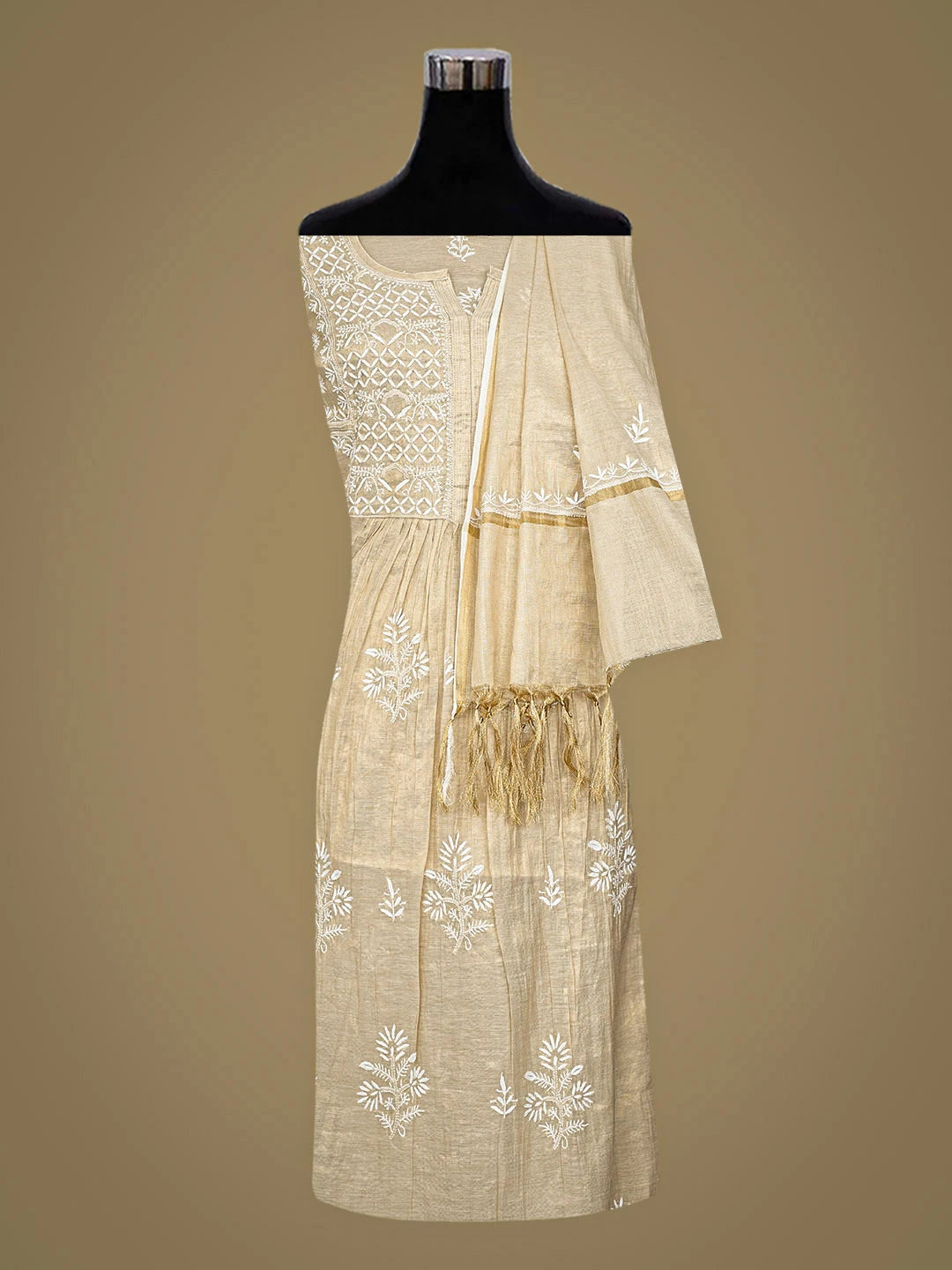Ada Hand Embroidered Fawn Tissue Lucknowi Chikankari Semi-Stitched Kurta Dupatta Set 01A912349