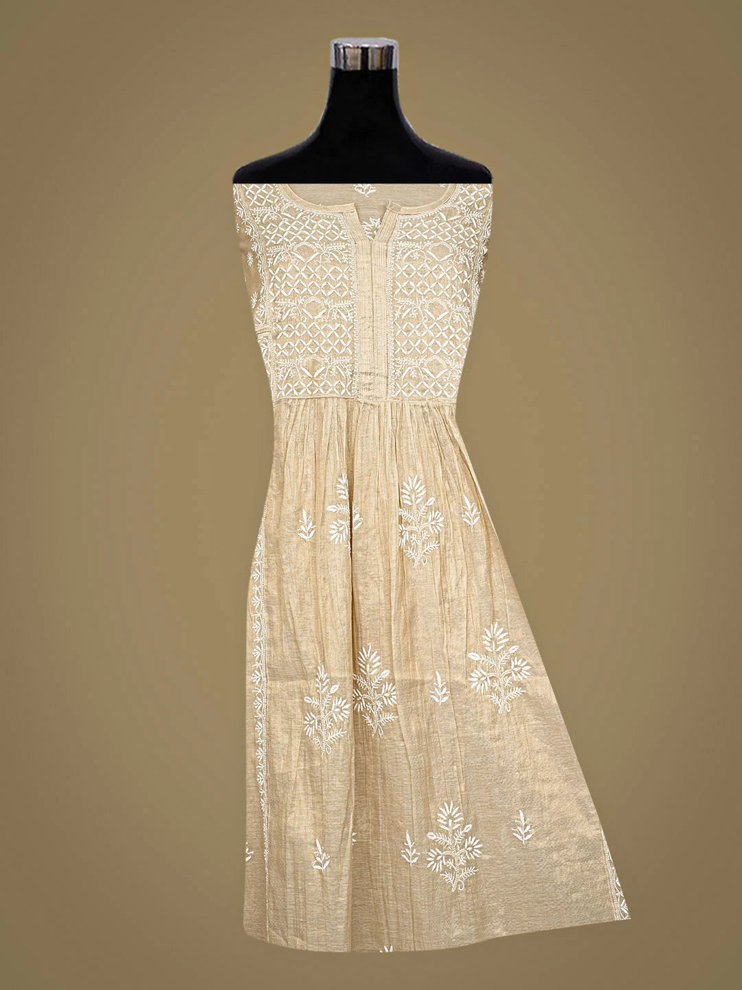 Ada Hand Embroidered Fawn Tissue Lucknowi Chikankari Semi-Stitched Kurta Dupatta Set 01A912349
