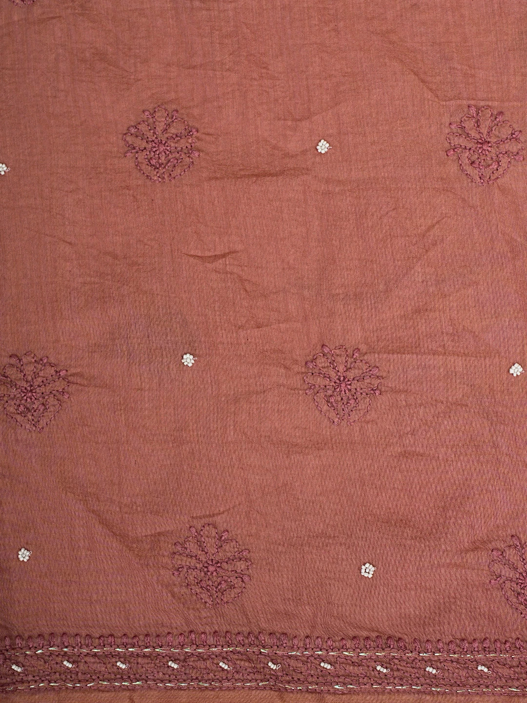 Ada Hand Embroidered Dusty Peach Chanderi Lucknowi Chikankari Unstitched Kurta Dupatta Set With Cutdana Work 01A890470