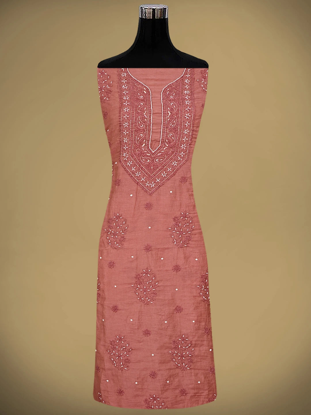 Ada Hand Embroidered Dusty Peach Chanderi Lucknowi Chikankari Unstitched Kurta Dupatta Set With Cutdana Work 01A890470