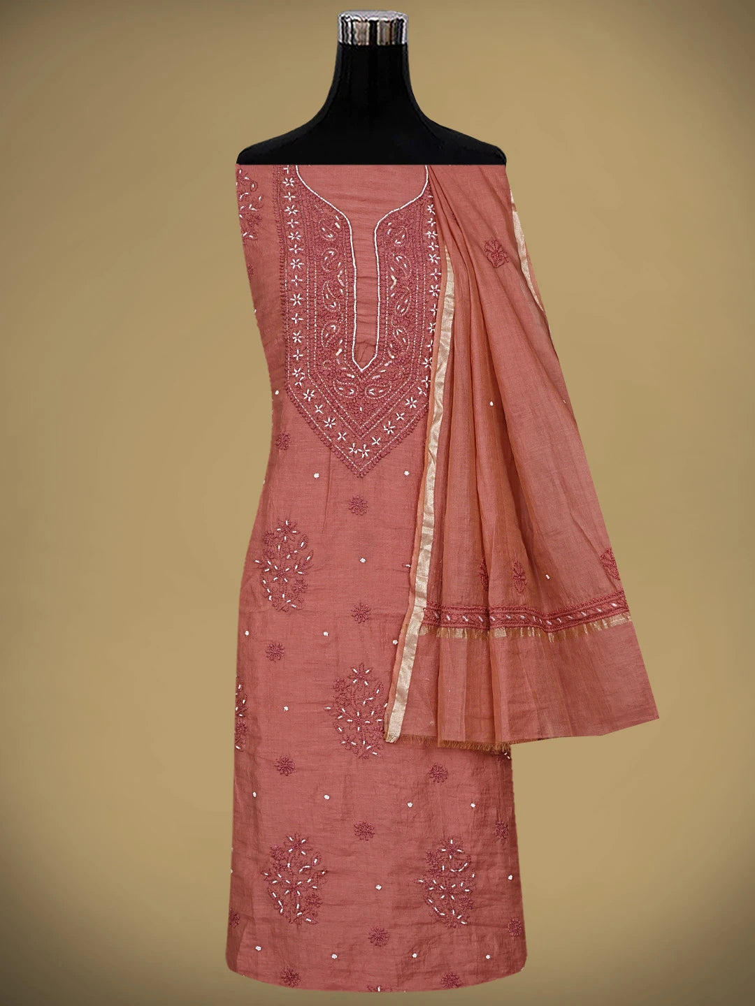 Ada Hand Embroidered Dusty Peach Chanderi Lucknowi Chikankari Unstitched Kurta Dupatta Set With Cutdana Work 01A890470