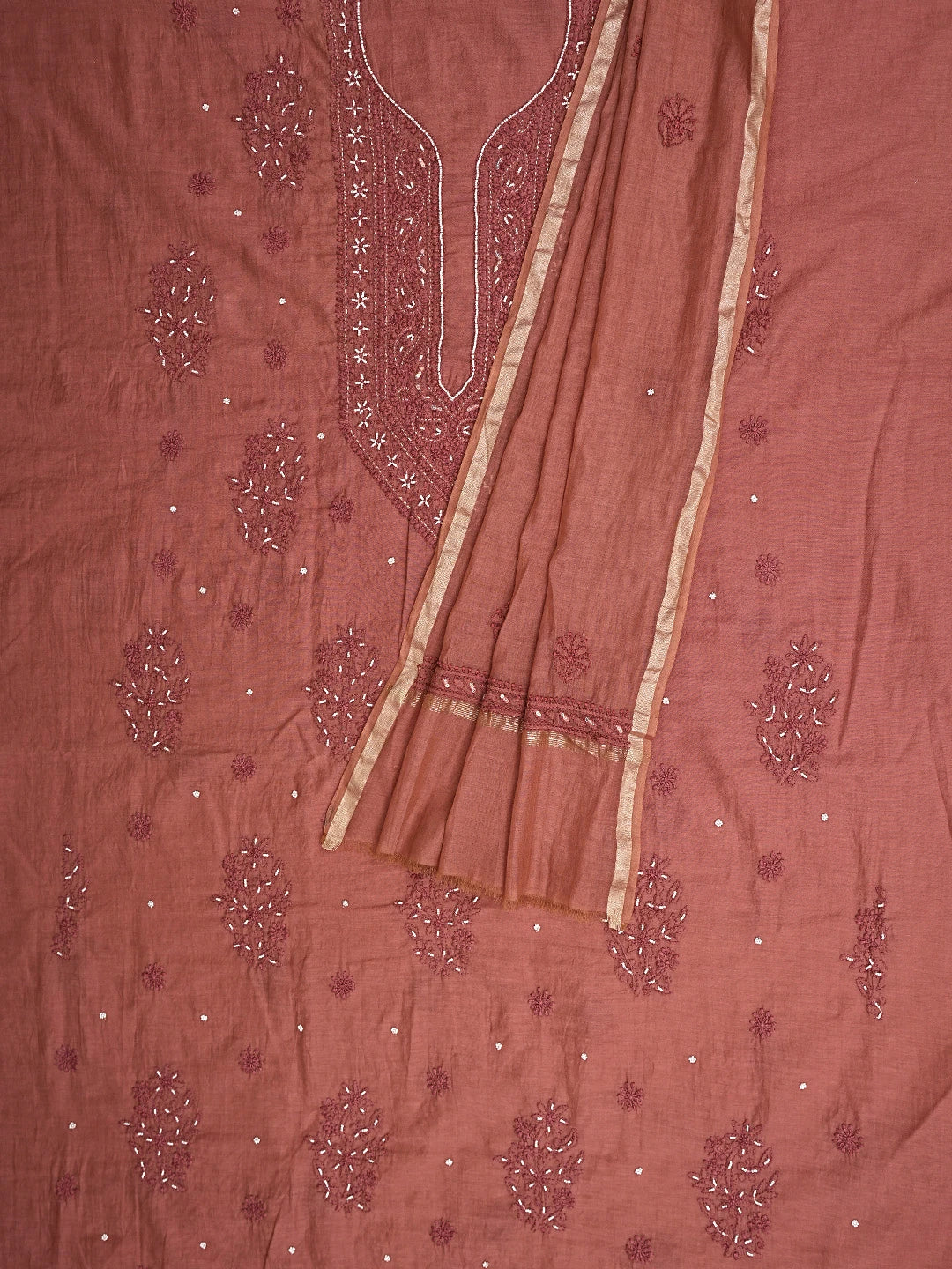 Ada Hand Embroidered Dusty Peach Chanderi Lucknowi Chikankari Unstitched Kurta Dupatta Set With Cutdana Work 01A890470