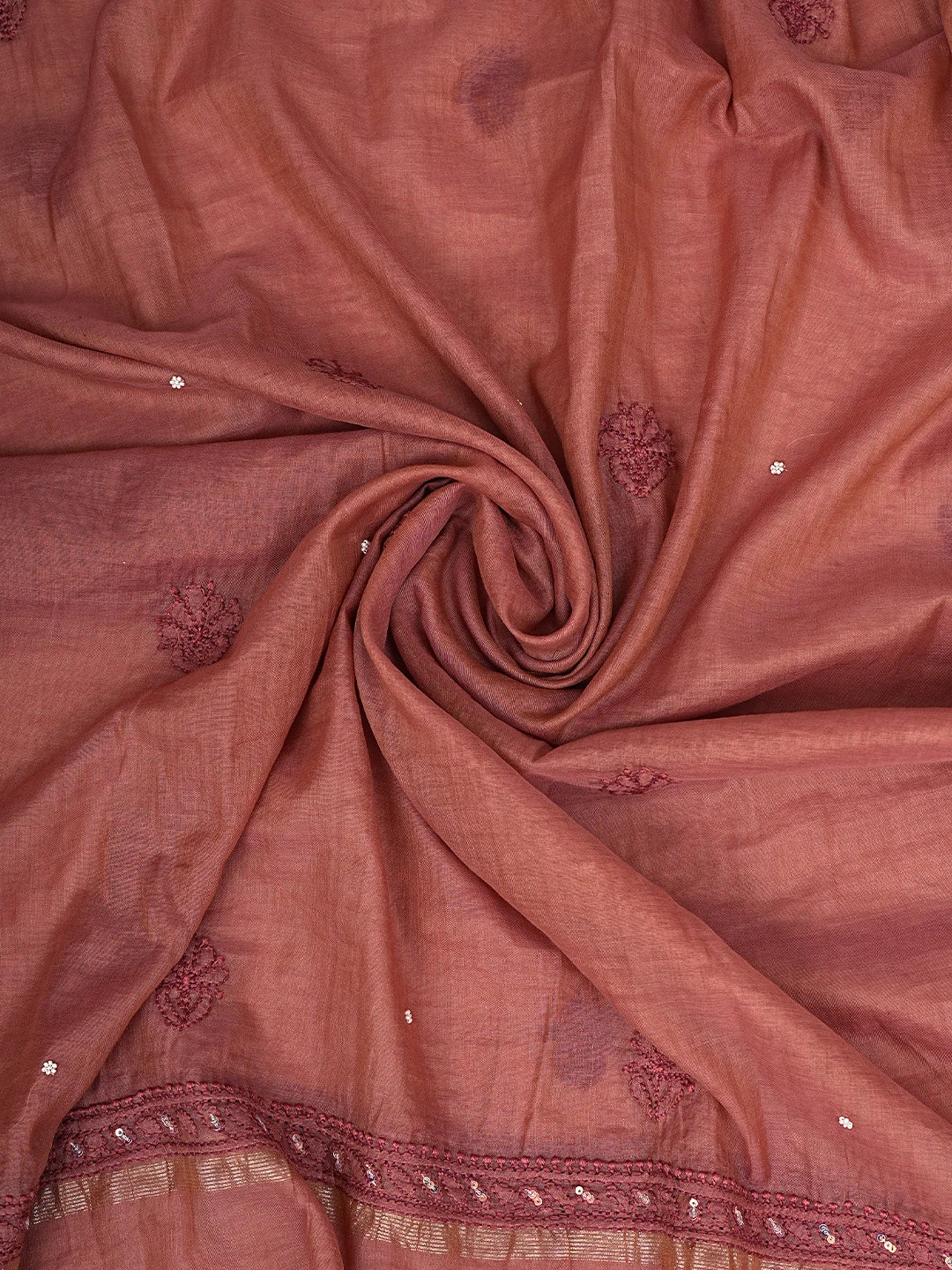 Ada Hand Embroidered Dusty Peach Chanderi Lucknowi Chikankari Unstitched Kurta Dupatta Set With Cutdana Work 01A890470