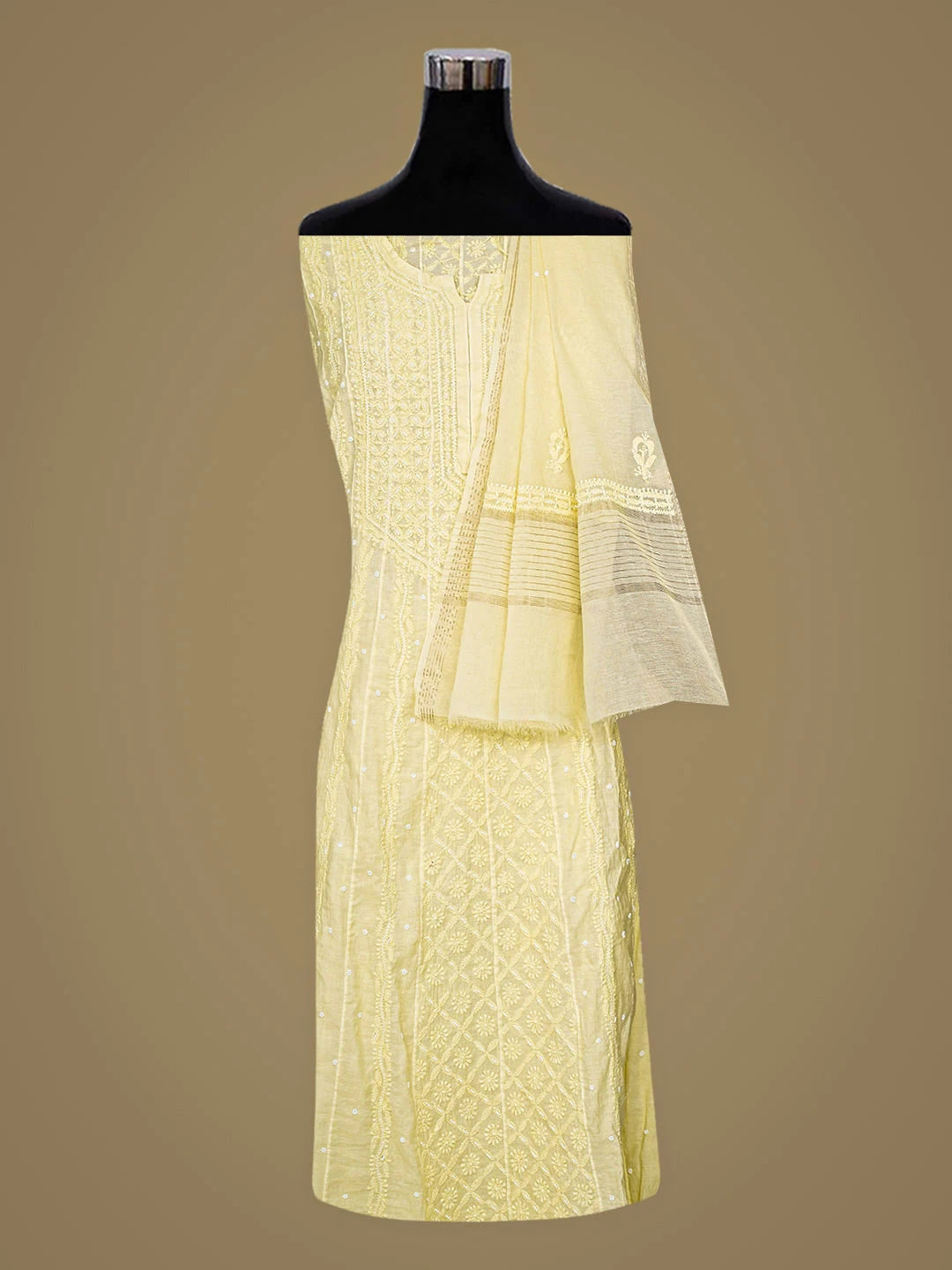 Ada Hand Embroidered Lemon Chanderi Lucknowi Chikankari Semi-Stitched Anarkali Kurta Dupatta Set With Pearl Work 01A833572