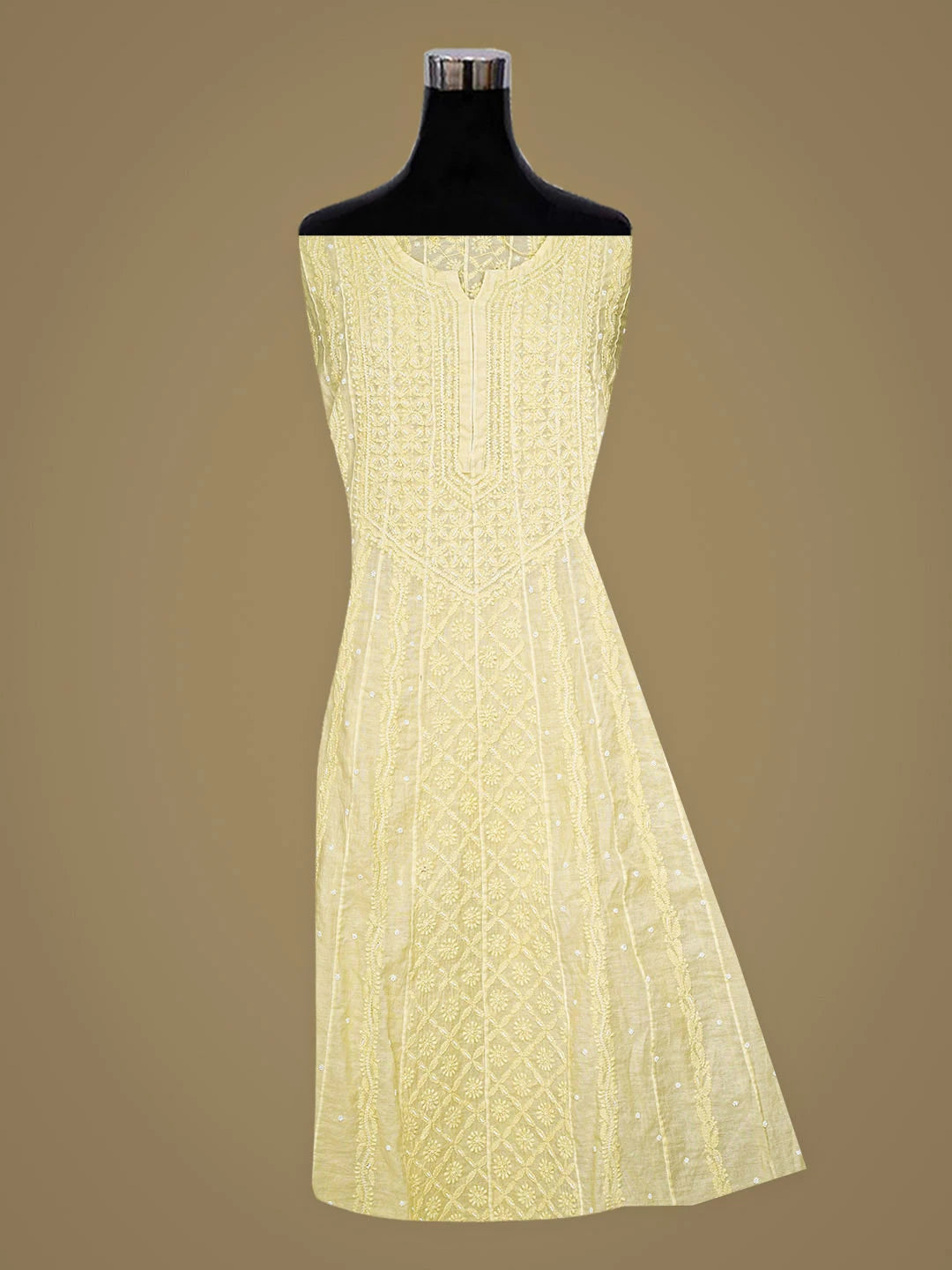 Ada Hand Embroidered Lemon Chanderi Lucknowi Chikankari Semi-Stitched Anarkali Kurta Dupatta Set With Pearl Work 01A833572