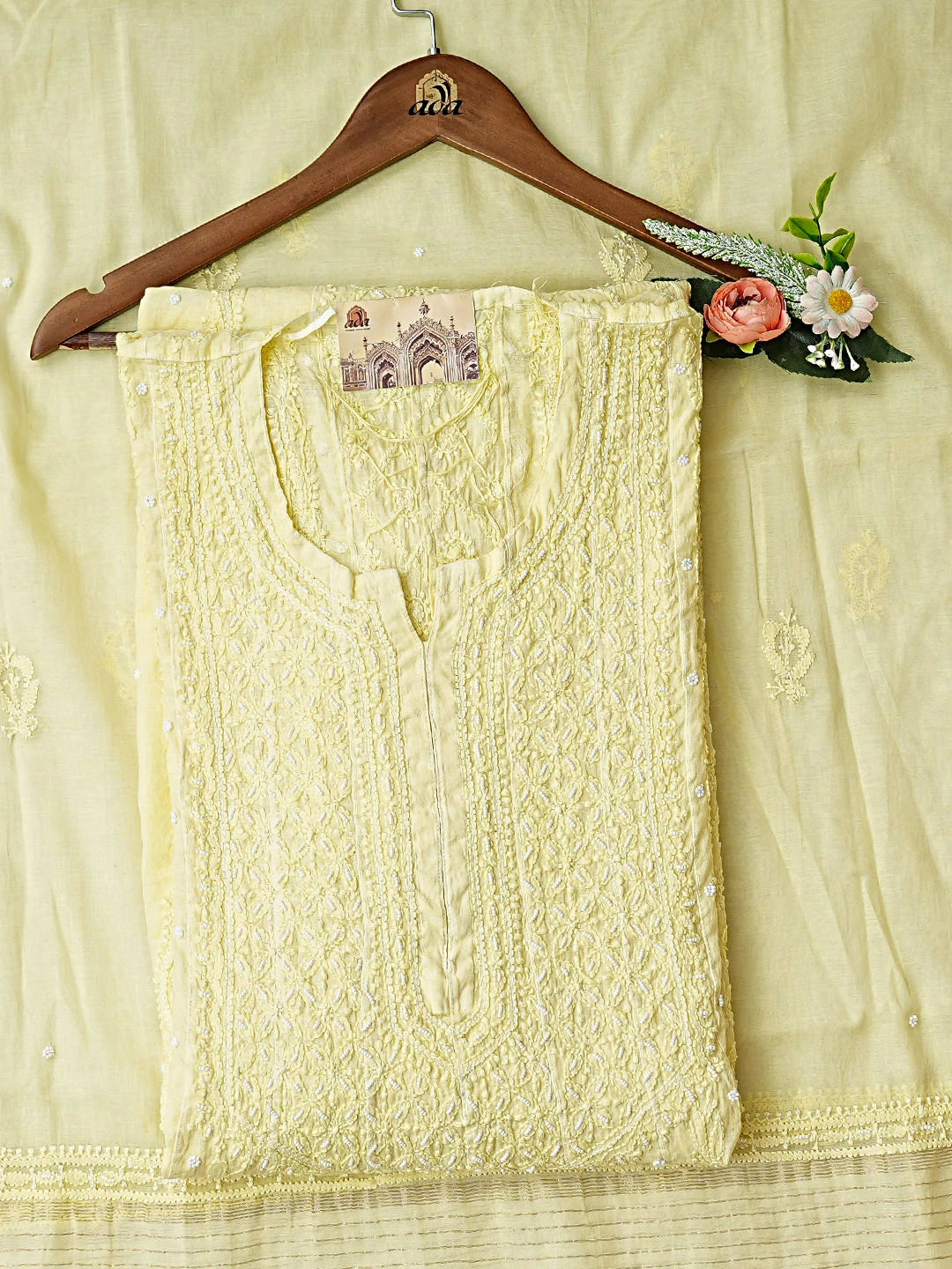Ada Hand Embroidered Lemon Chanderi Lucknowi Chikankari Semi-Stitched Anarkali Kurta Dupatta Set With Pearl Work 01A833572