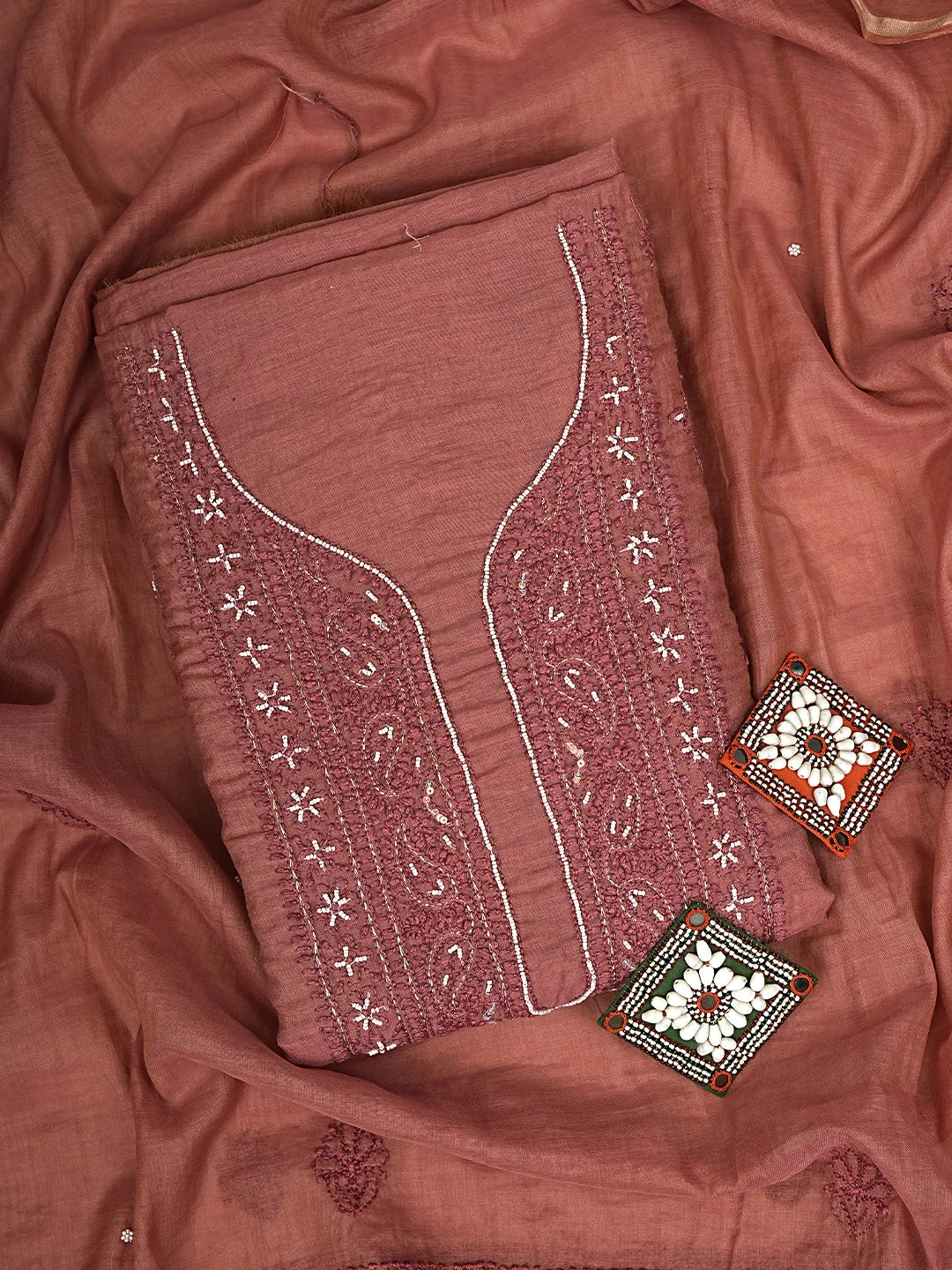 Ada Hand Embroidered Dusty Peach Chanderi Lucknowi Chikankari Unstitched Kurta Dupatta Set With Cutdana Work 01A890470