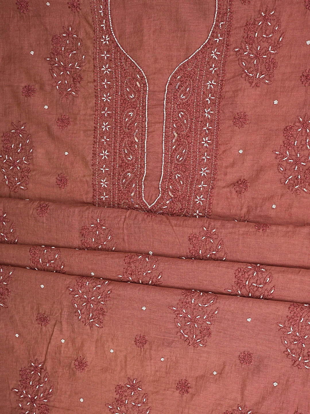 Ada Hand Embroidered Dusty Peach Chanderi Lucknowi Chikankari Unstitched Kurta Dupatta Set With Cutdana Work 01A890470