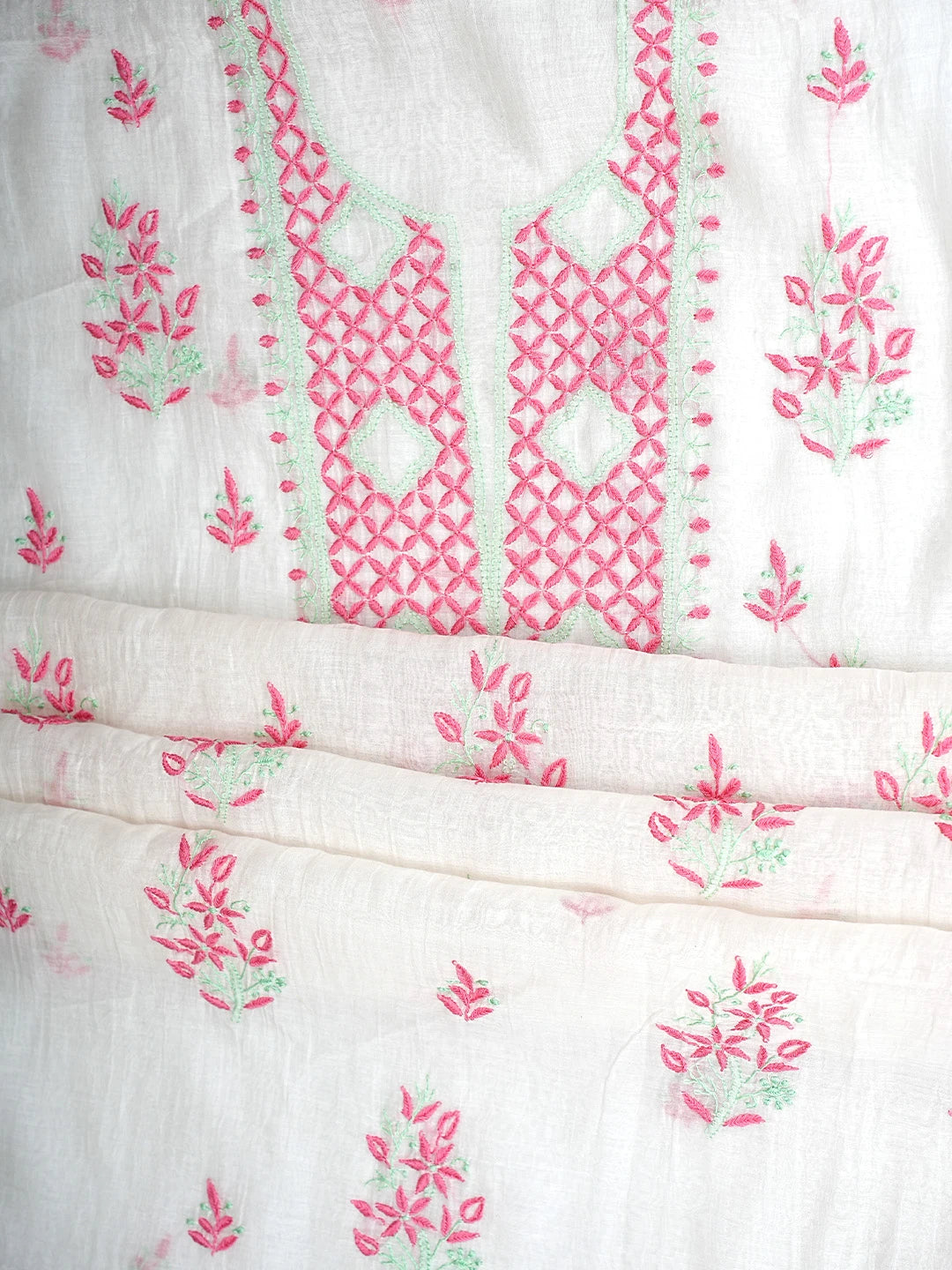 Ada Hand Embroidered White Chanderi Lucknowi Chikankari Unstitched Kurta Dupatta Set 01A903226