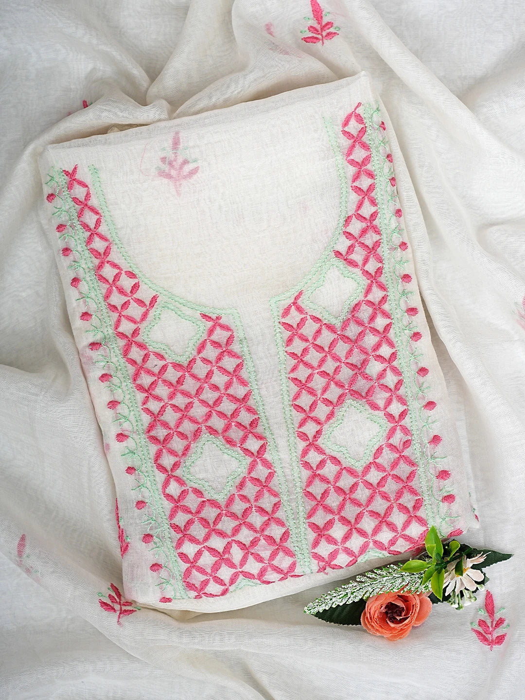 Ada Hand Embroidered White Chanderi Lucknowi Chikankari Unstitched Kurta Dupatta Set 01A903226