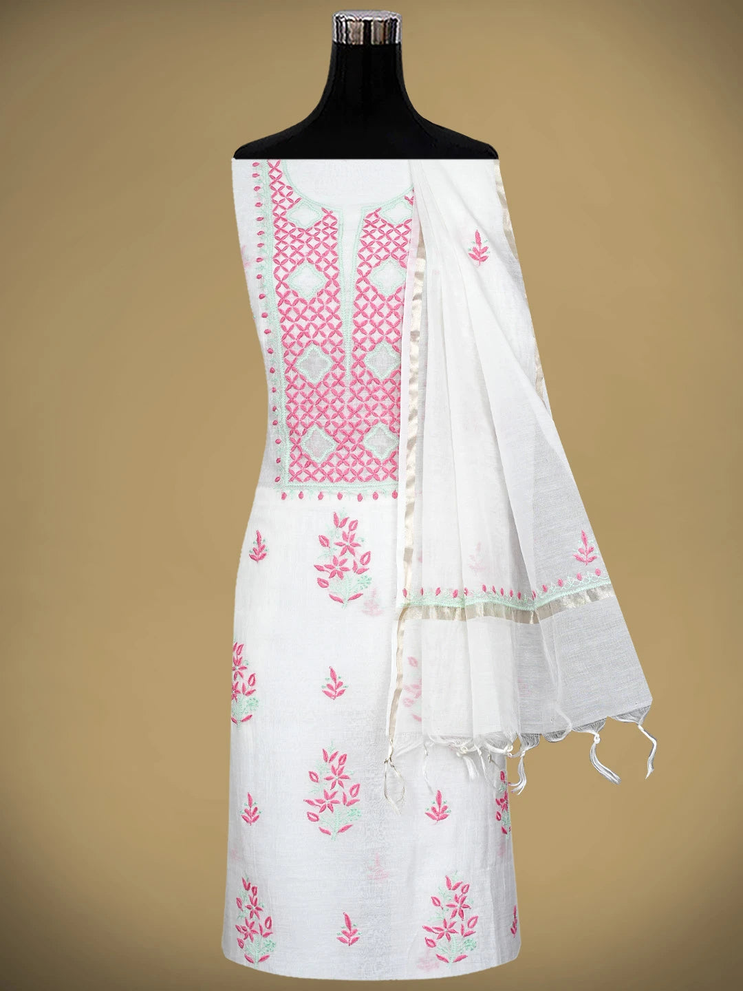 Ada Hand Embroidered White Chanderi Lucknowi Chikankari Unstitched Kurta Dupatta Set 01A903226