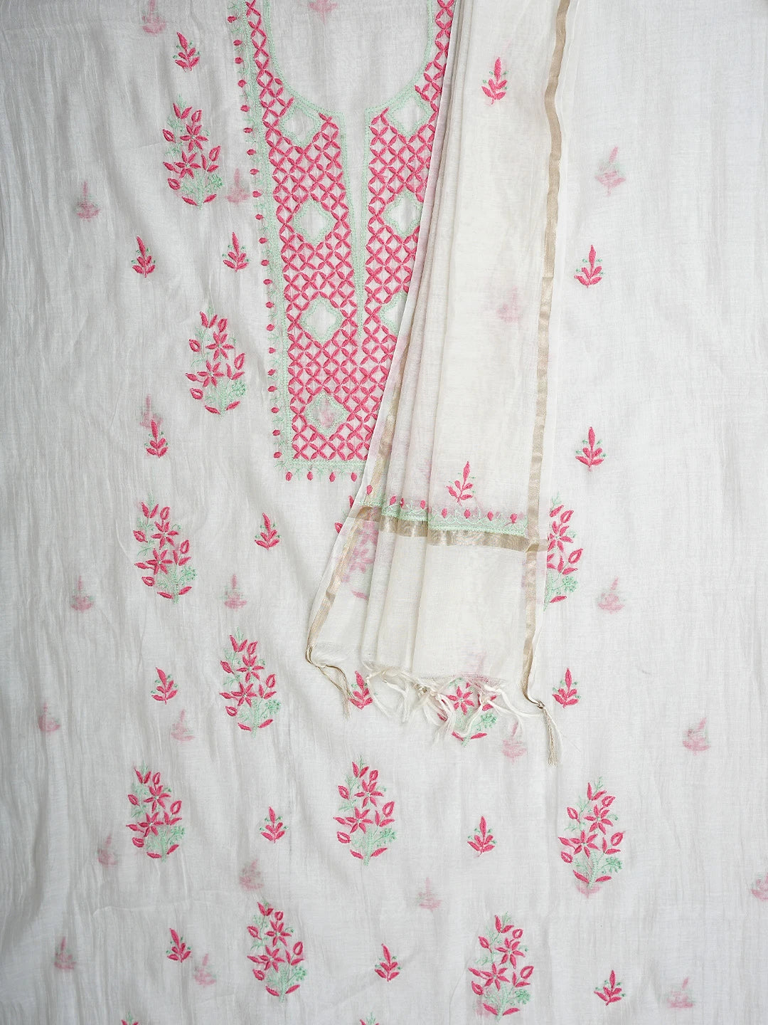 Ada Hand Embroidered White Chanderi Lucknowi Chikankari Unstitched Kurta Dupatta Set 01A903226