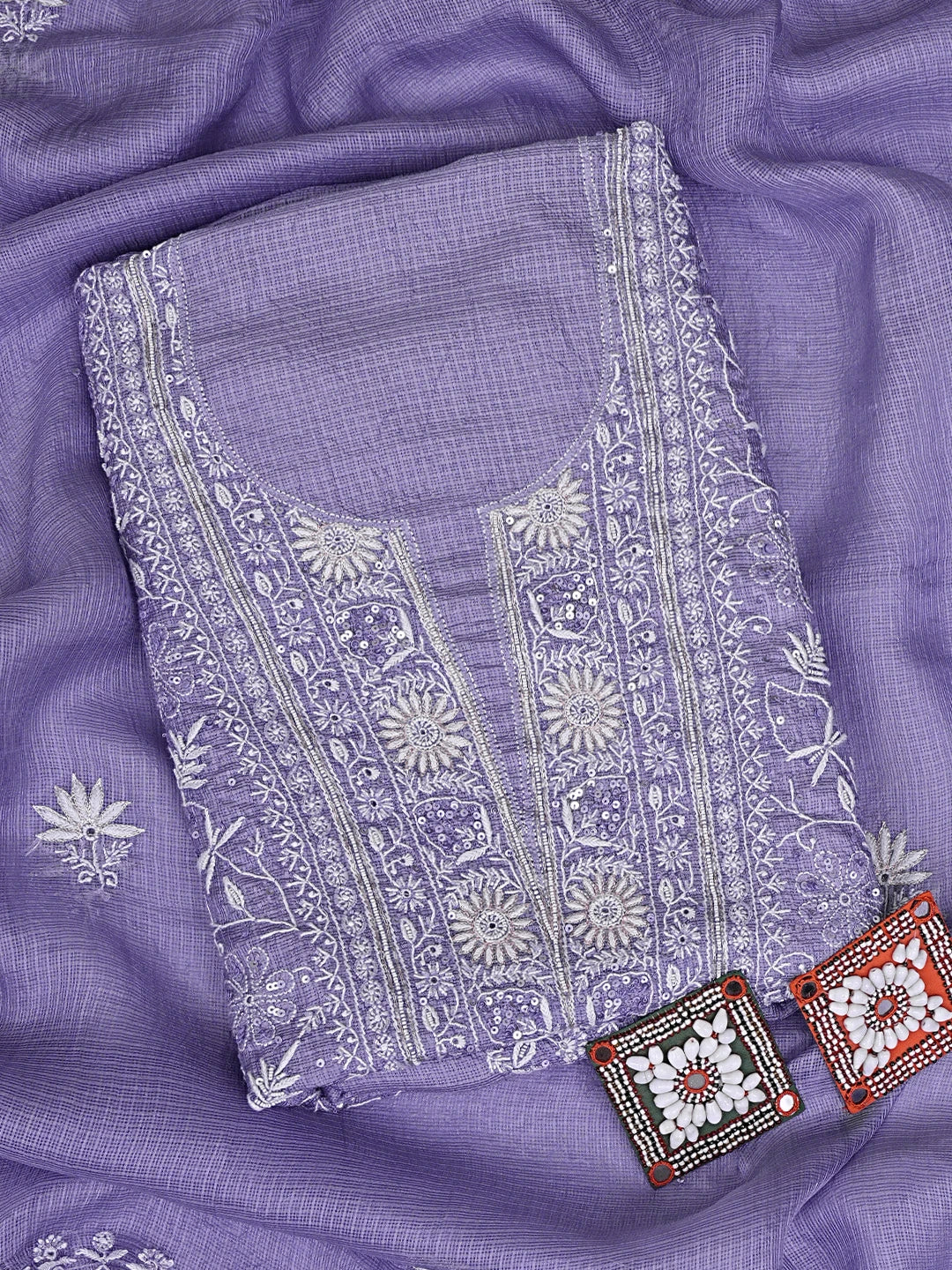 Ada Hand Embroidered Mauve Kota Silk Lucknowi Chikankari Unstitched Kurta Dupatta Set With Cutdana Work 01A890972