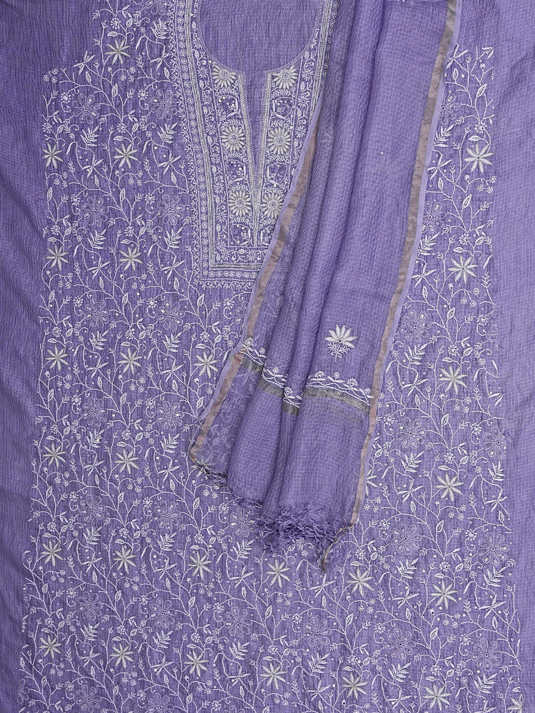 Ada Hand Embroidered Mauve Kota Silk Lucknowi Chikankari Unstitched Kurta Dupatta Set With Cutdana Work 01A890972