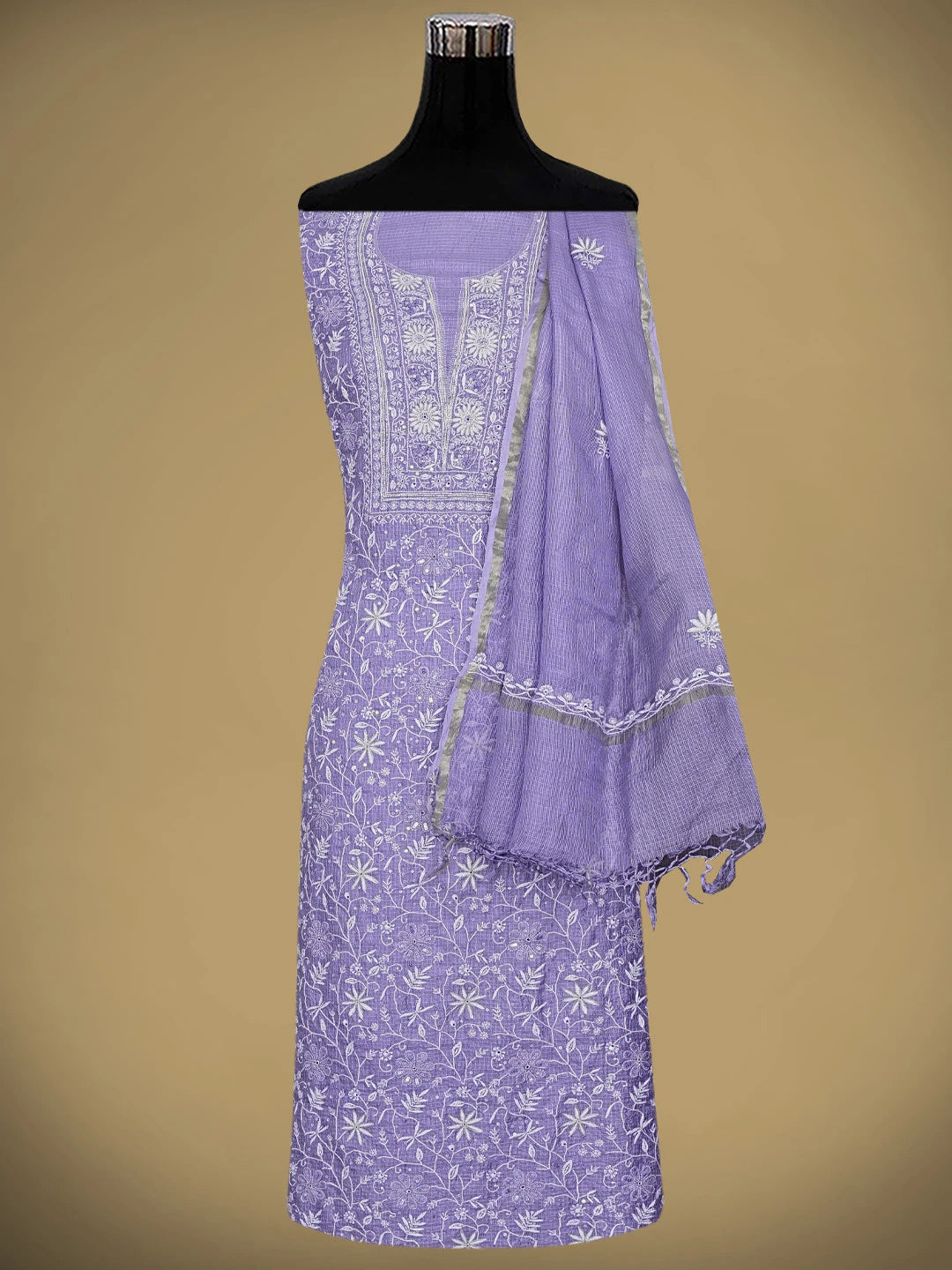 Ada Hand Embroidered Mauve Kota Silk Lucknowi Chikankari Unstitched Kurta Dupatta Set With Cutdana Work 01A890972