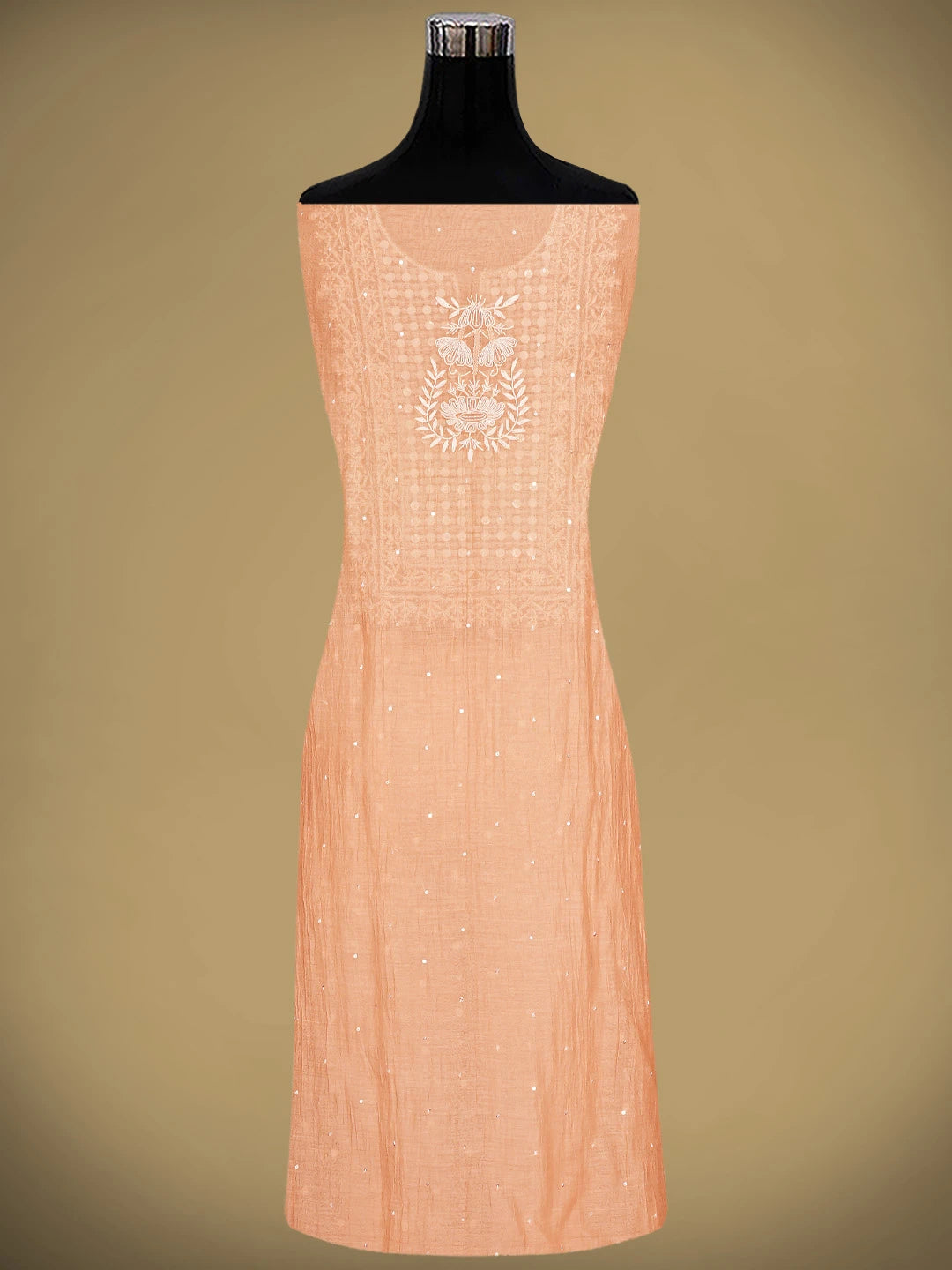 Ada Hand Embroidered Peach Chanderi Lucknowi Chikankari Unstitched Kurta Dupatta Set With Pearl Work 01A896278