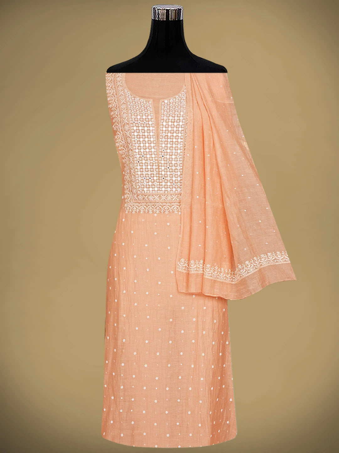 Ada Hand Embroidered Peach Chanderi Lucknowi Chikankari Unstitched Kurta Dupatta Set With Pearl Work 01A896278