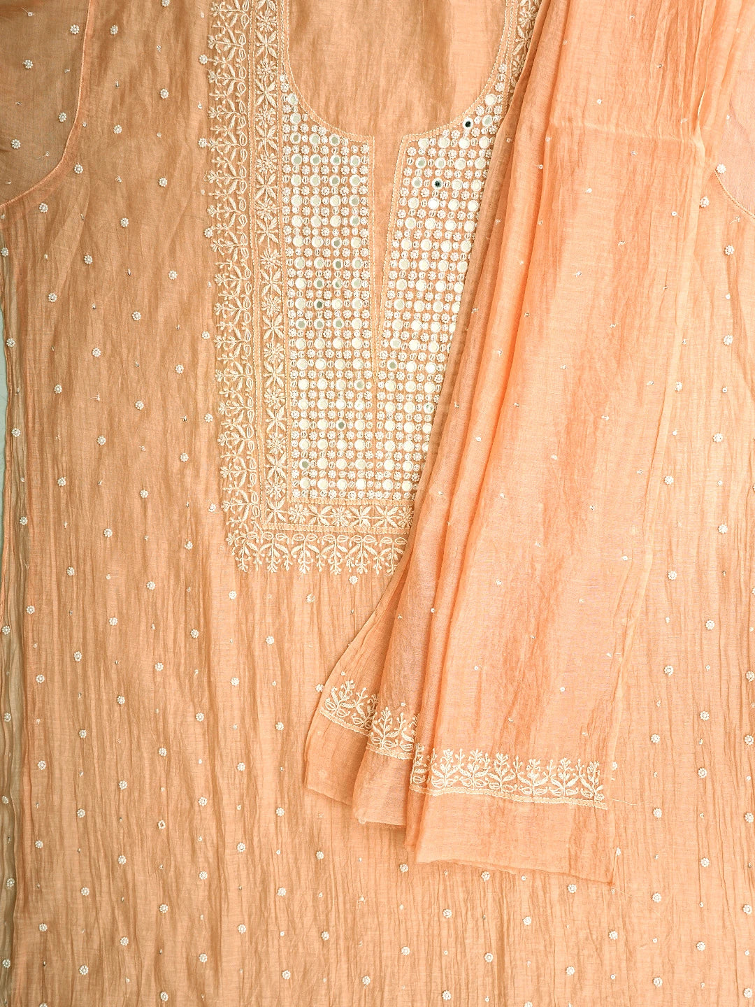 Ada Hand Embroidered Peach Chanderi Lucknowi Chikankari Unstitched Kurta Dupatta Set With Pearl Work 01A896278