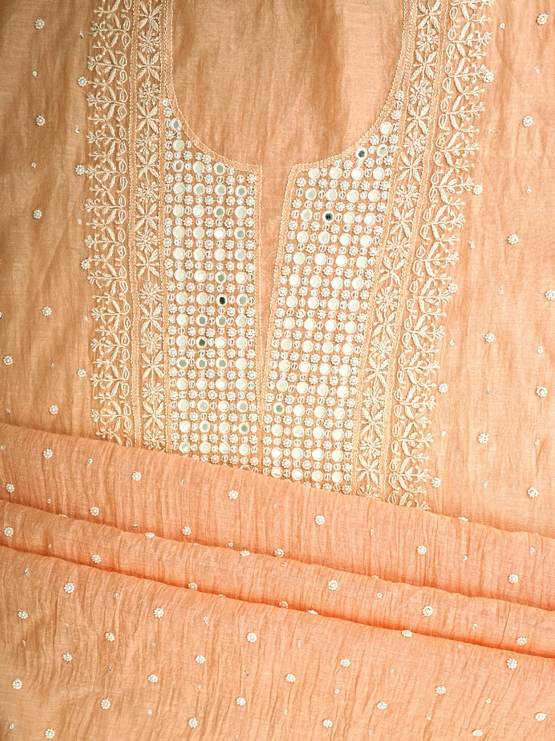 Ada Hand Embroidered Peach Chanderi Lucknowi Chikankari Unstitched Kurta Dupatta Set With Pearl Work 01A896278