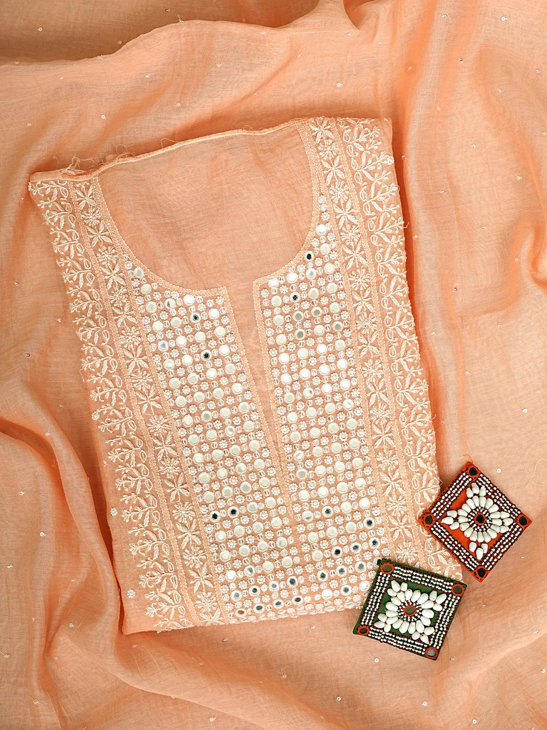 Ada Hand Embroidered Peach Chanderi Lucknowi Chikankari Unstitched Kurta Dupatta Set With Pearl Work 01A896278