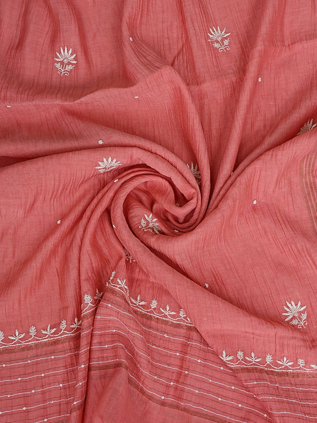 Ada Hand Embroidered Carrot Pink Chanderi Lucknowi Chikankari Unstitched Kurta Dupatta Set With Cutdana Work 01A908515