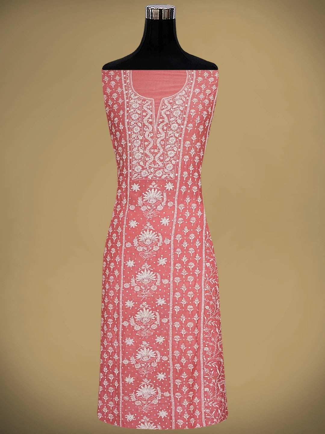 Ada Hand Embroidered Carrot Pink Chanderi Lucknowi Chikankari Unstitched Kurta Dupatta Set With Cutdana Work 01A908515