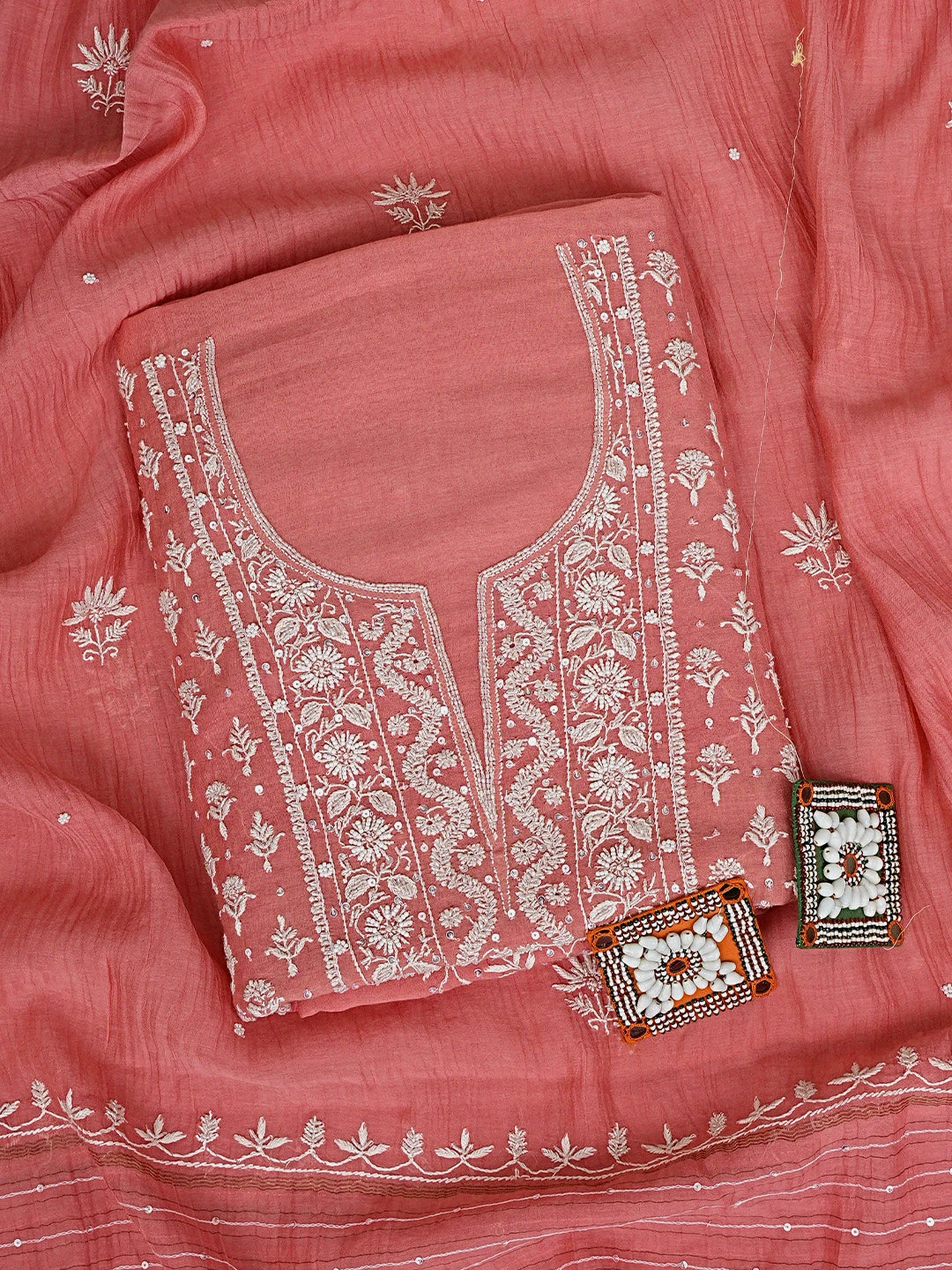 Ada Hand Embroidered Carrot Pink Chanderi Lucknowi Chikankari Unstitched Kurta Dupatta Set With Cutdana Work 01A908515