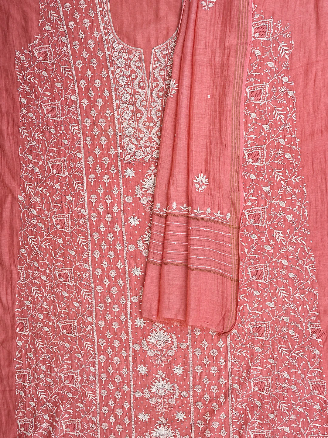 Ada Hand Embroidered Carrot Pink Chanderi Lucknowi Chikankari Unstitched Kurta Dupatta Set With Cutdana Work 01A908515