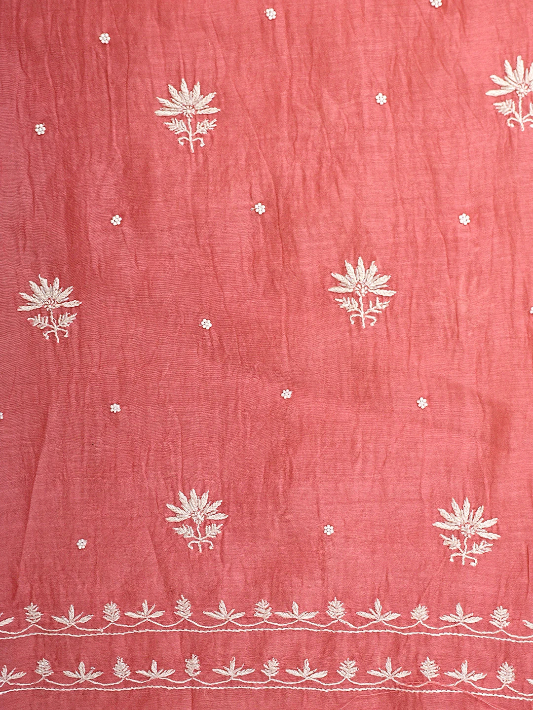 Ada Hand Embroidered Carrot Pink Chanderi Lucknowi Chikankari Unstitched Kurta Dupatta Set With Cutdana Work 01A908515