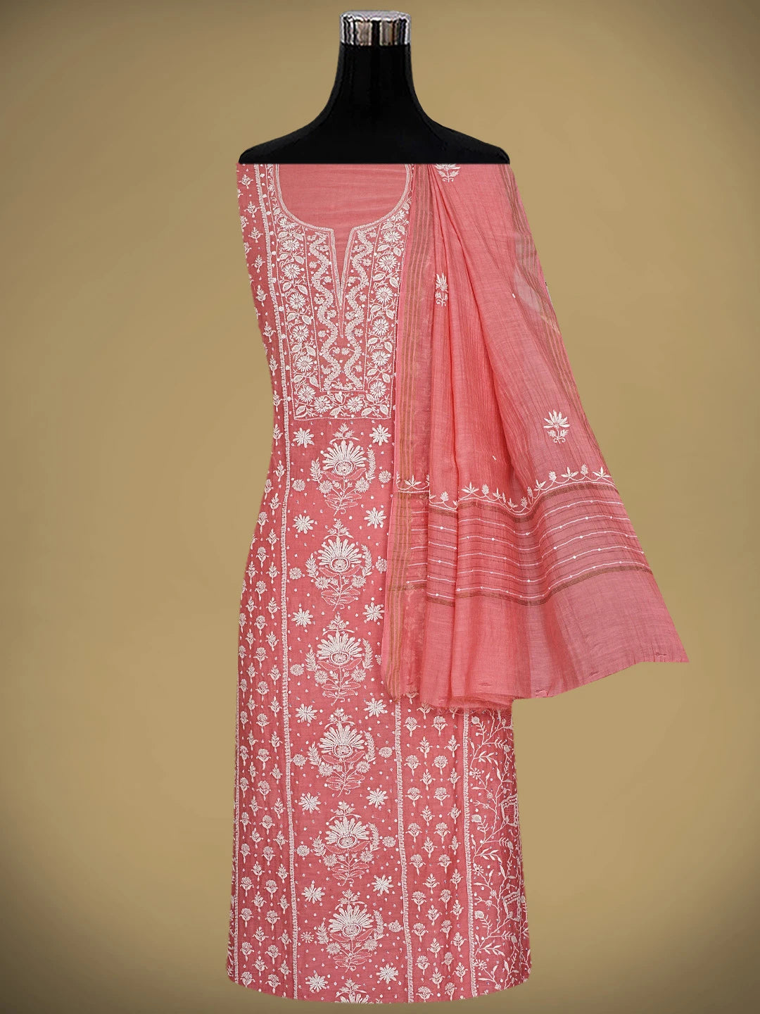 Ada Hand Embroidered Carrot Pink Chanderi Lucknowi Chikankari Unstitched Kurta Dupatta Set With Cutdana Work 01A908515