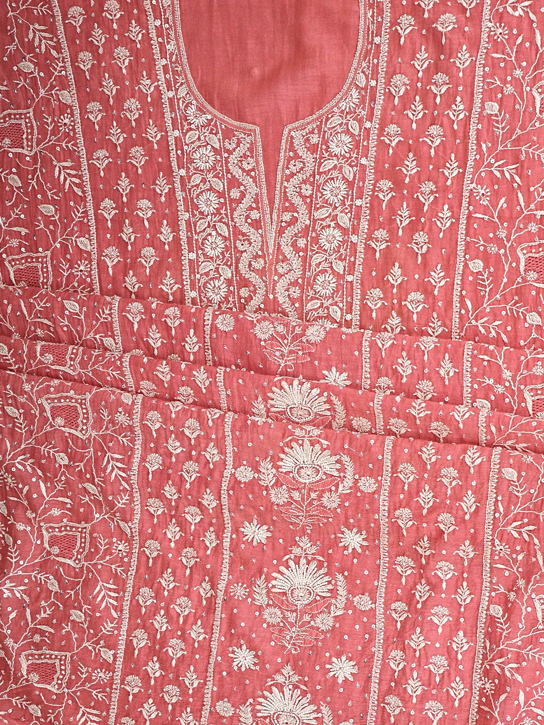 Ada Hand Embroidered Carrot Pink Chanderi Lucknowi Chikankari Unstitched Kurta Dupatta Set With Cutdana Work 01A908515
